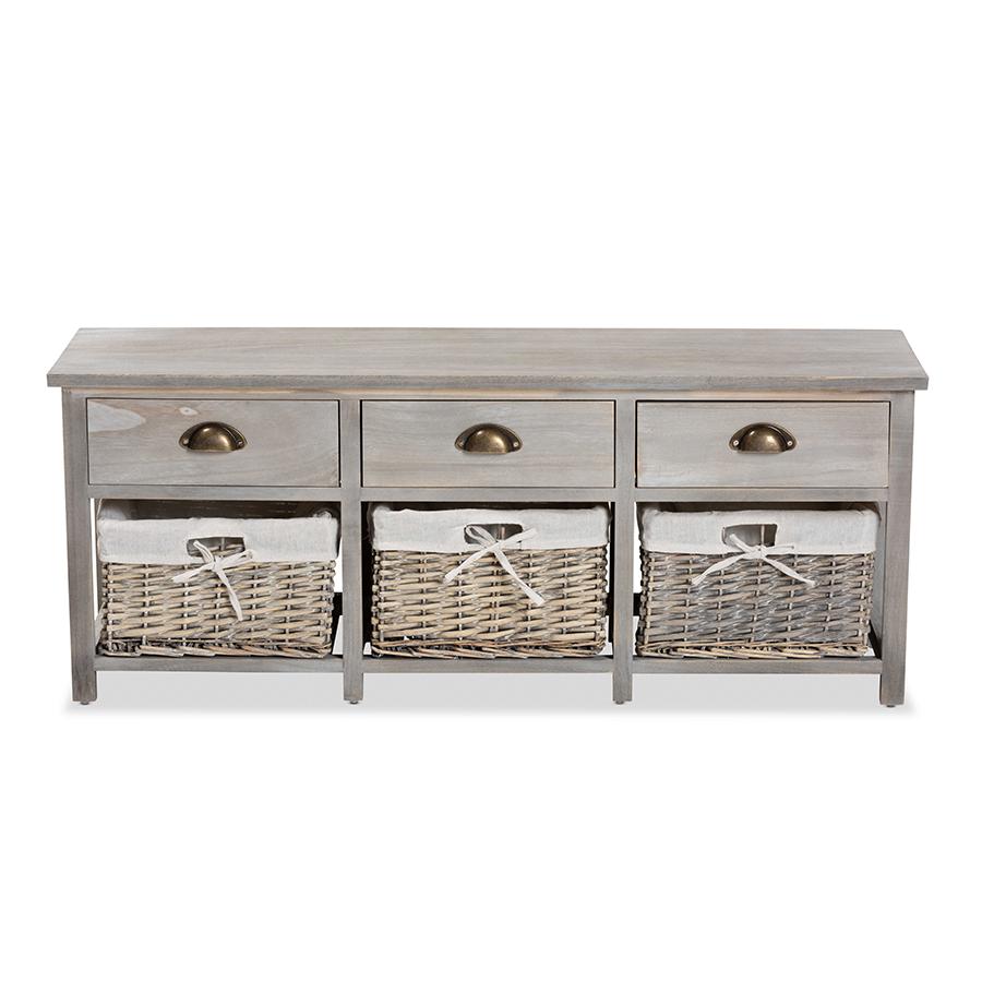 Light Grey Finished Wood 3-Drawer Storage Bench with Baskets. Picture 3