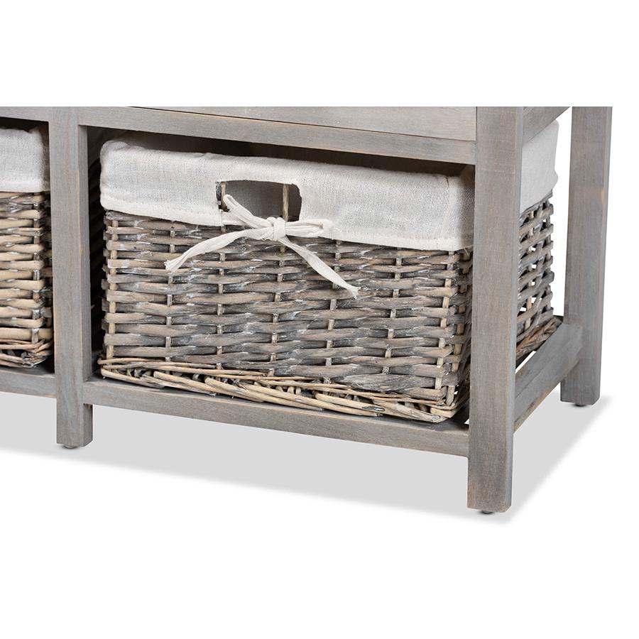 Light Grey Finished Wood 3-Drawer Storage Bench with Baskets. Picture 6