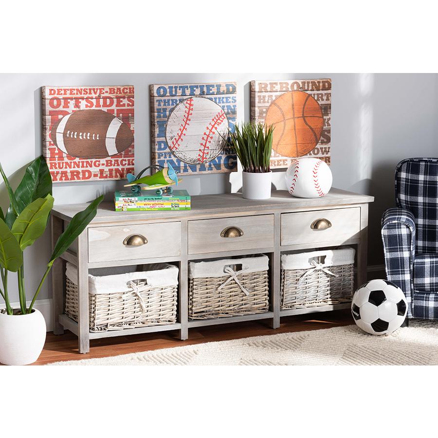 Light Grey Finished Wood 3-Drawer Storage Bench with Baskets. Picture 8
