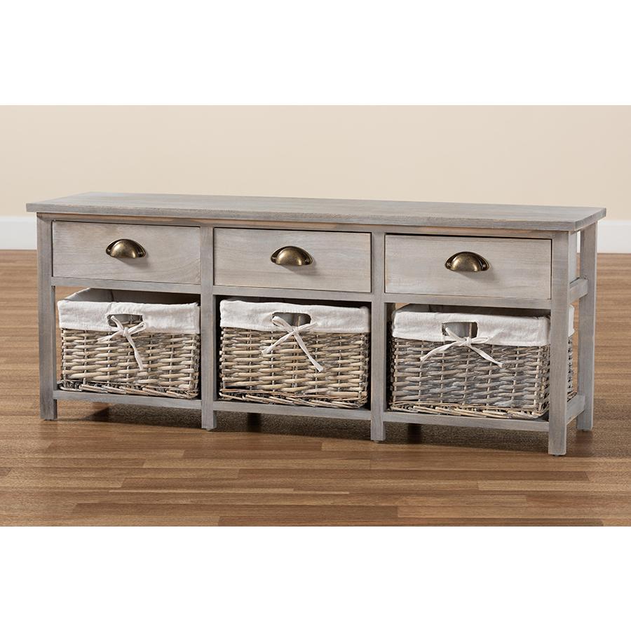 Light Grey Finished Wood 3-Drawer Storage Bench with Baskets. Picture 9