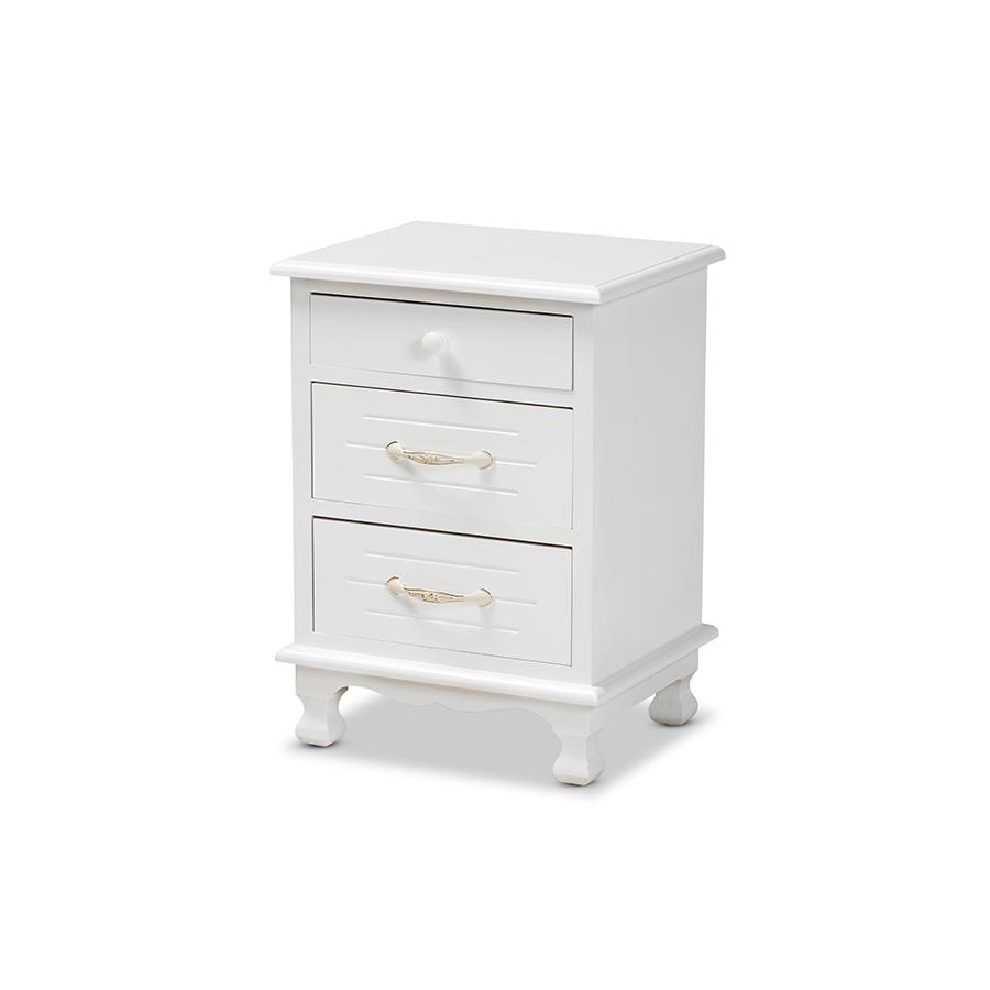 Baxton Studio Layton Classic and Traditional White Finished Wood 3-Drawer Nightstand. Picture 1