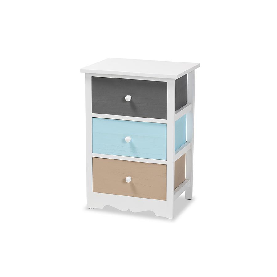 Baxton Studio Kalila Modern and Contemporary White and Multi-Colored Finished Wood 3-Drawer Nightstand. Picture 1