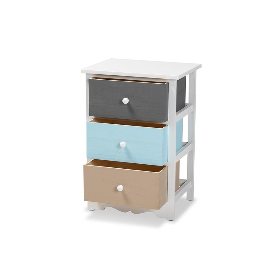 Baxton Studio Kalila Modern and Contemporary White and Multi-Colored Finished Wood 3-Drawer Nightstand. Picture 2
