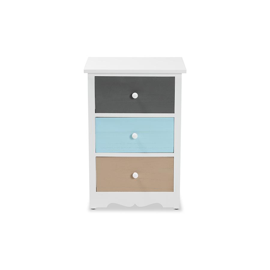 Baxton Studio Kalila Modern and Contemporary White and Multi-Colored Finished Wood 3-Drawer Nightstand. Picture 3