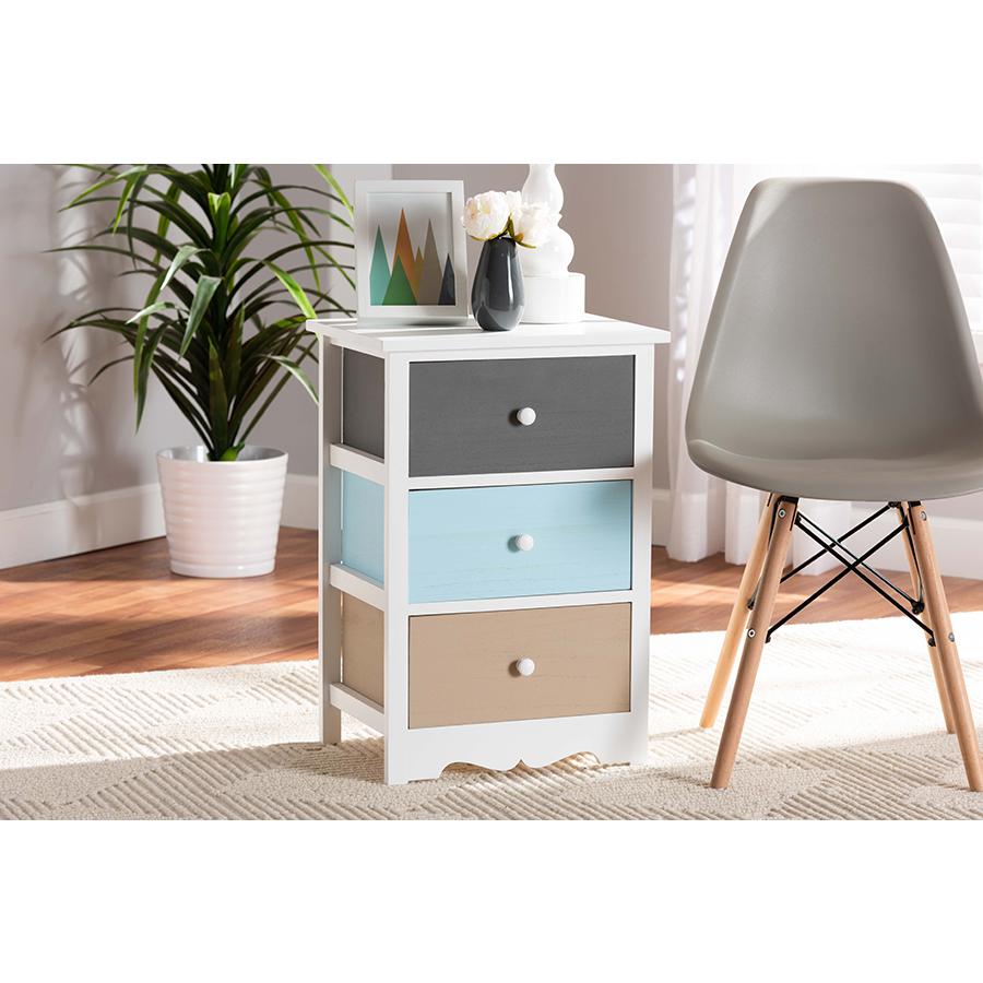 Baxton Studio Kalila Modern and Contemporary White and Multi-Colored Finished Wood 3-Drawer Nightstand. Picture 8