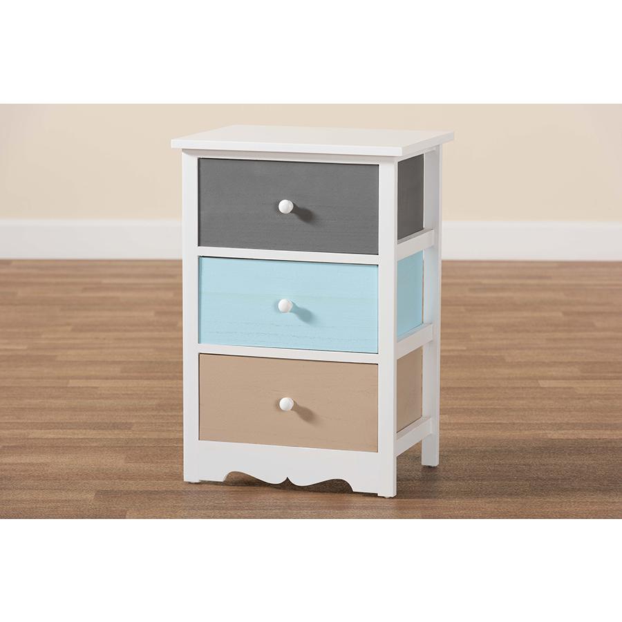 Baxton Studio Kalila Modern and Contemporary White and Multi-Colored Finished Wood 3-Drawer Nightstand. Picture 9