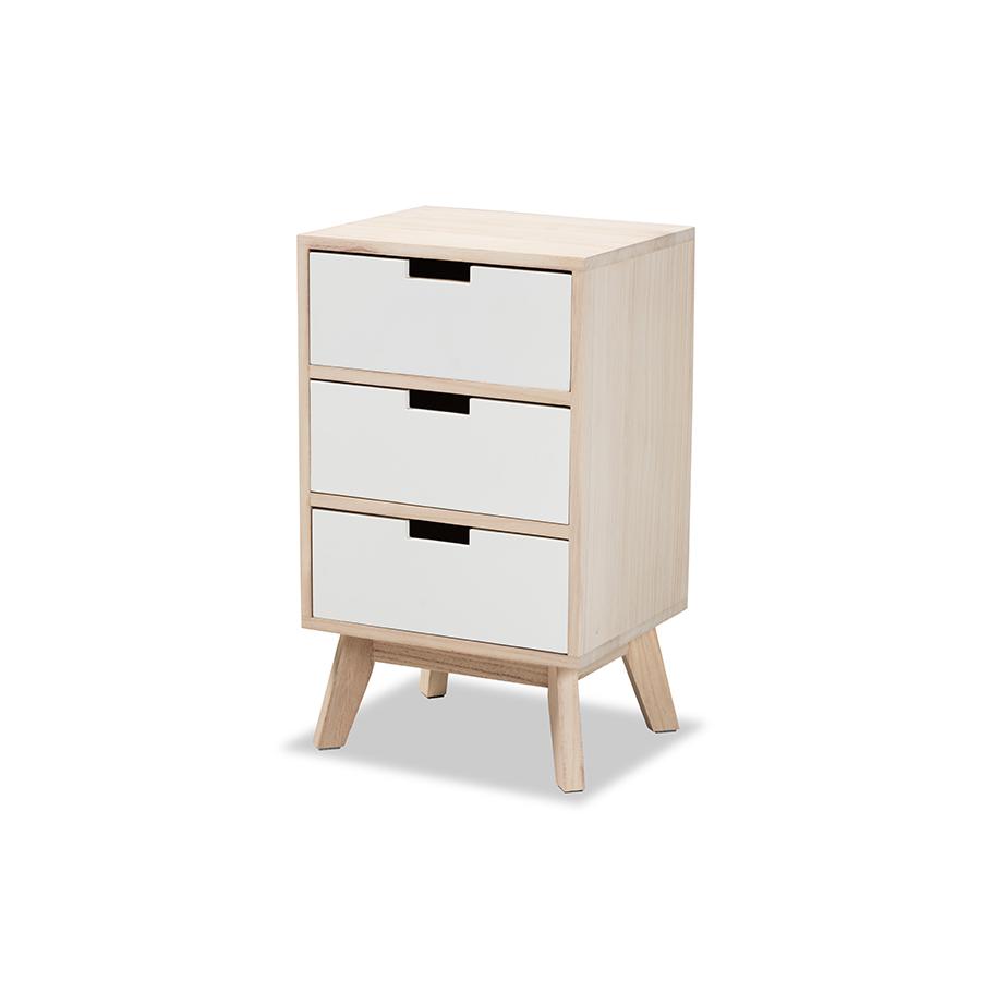 Baxton Studio Halian Mid-Century Modern Two-Tone White and Light Brown Finished Wood 3-Drawer Nightstand. Picture 3