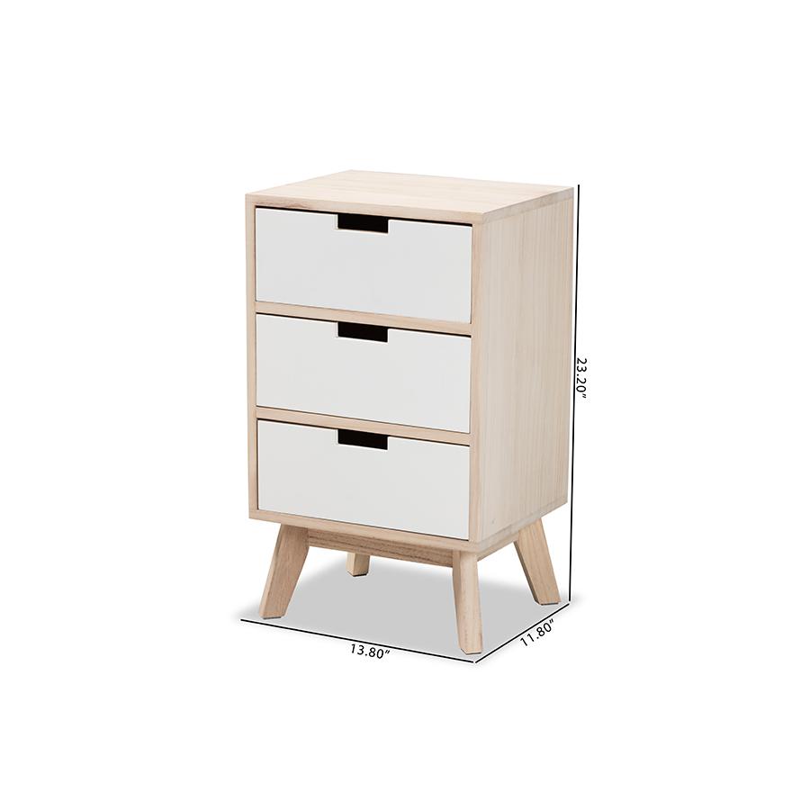 Baxton Studio Halian Mid-Century Modern Two-Tone White and Light Brown Finished Wood 3-Drawer Nightstand. Picture 12