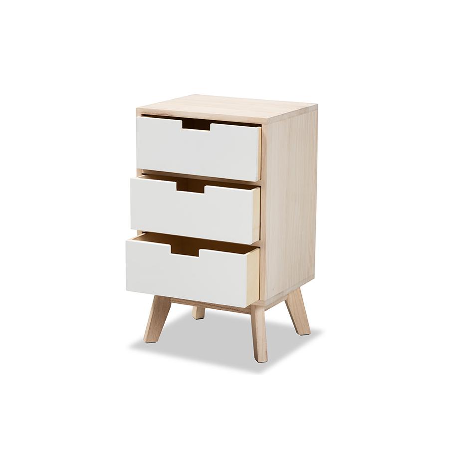 Baxton Studio Halian Mid-Century Modern Two-Tone White and Light Brown Finished Wood 3-Drawer Nightstand. Picture 4