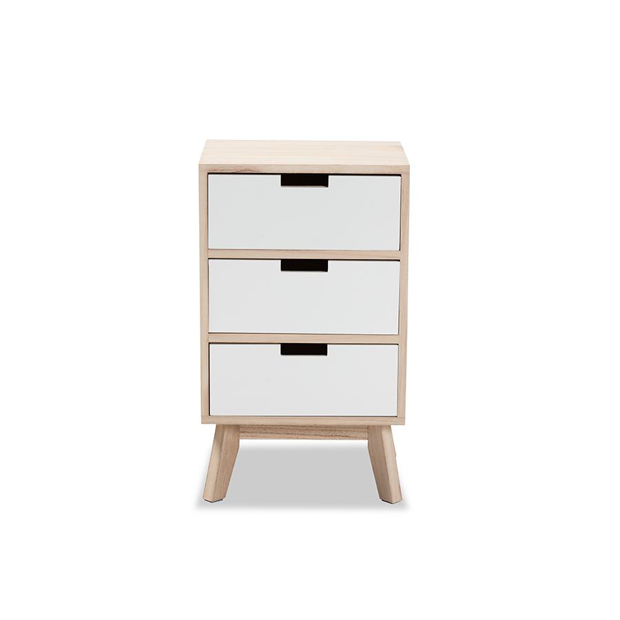 Baxton Studio Halian Mid-Century Modern Two-Tone White and Light Brown Finished Wood 3-Drawer Nightstand. Picture 5