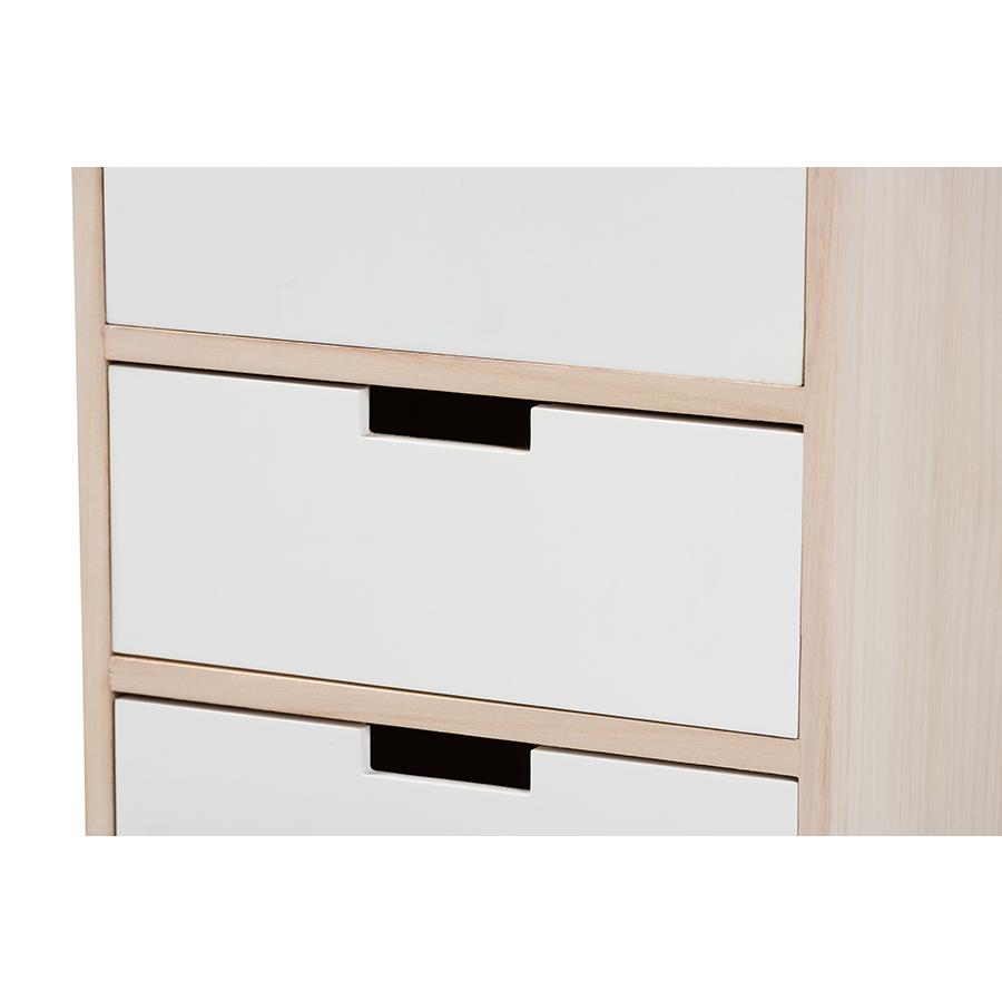 Baxton Studio Halian Mid-Century Modern Two-Tone White and Light Brown Finished Wood 3-Drawer Nightstand. Picture 7