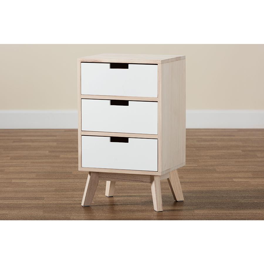 Baxton Studio Halian Mid-Century Modern Two-Tone White and Light Brown Finished Wood 3-Drawer Nightstand. Picture 11