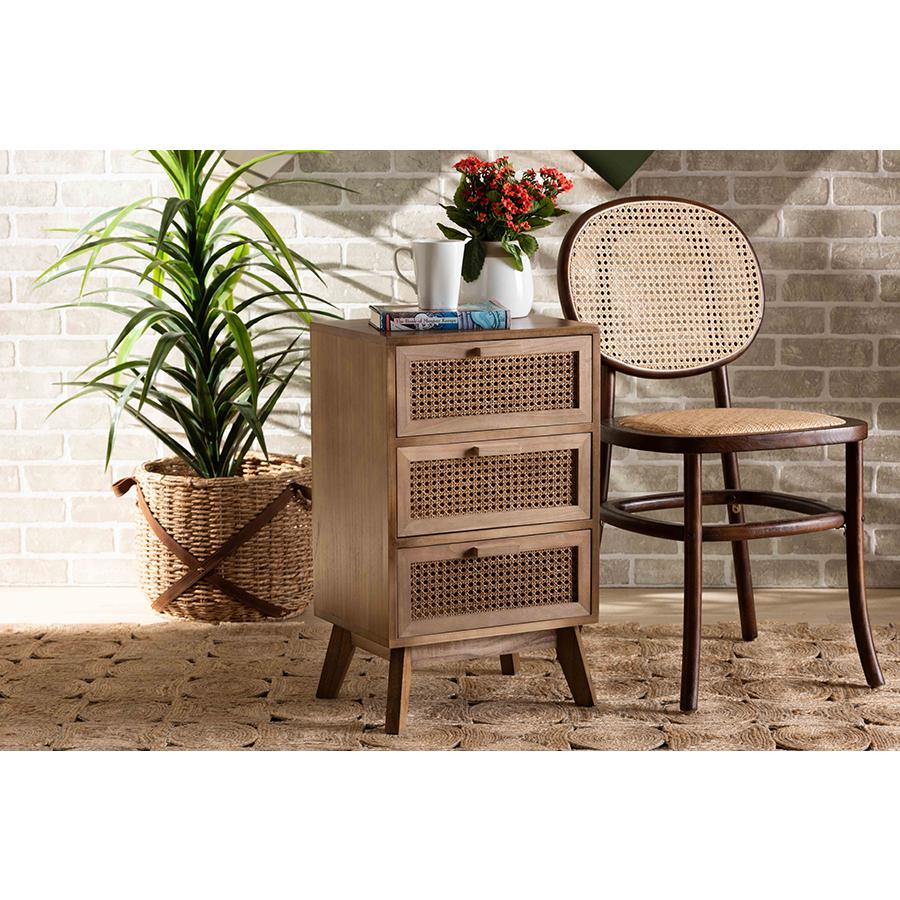 Walnut Brown Finished Wood 3-Drawer End Table with Rattan. Picture 8