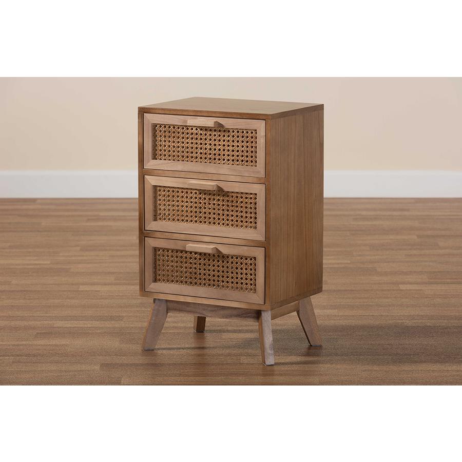 Walnut Brown Finished Wood 3-Drawer End Table with Rattan. Picture 9