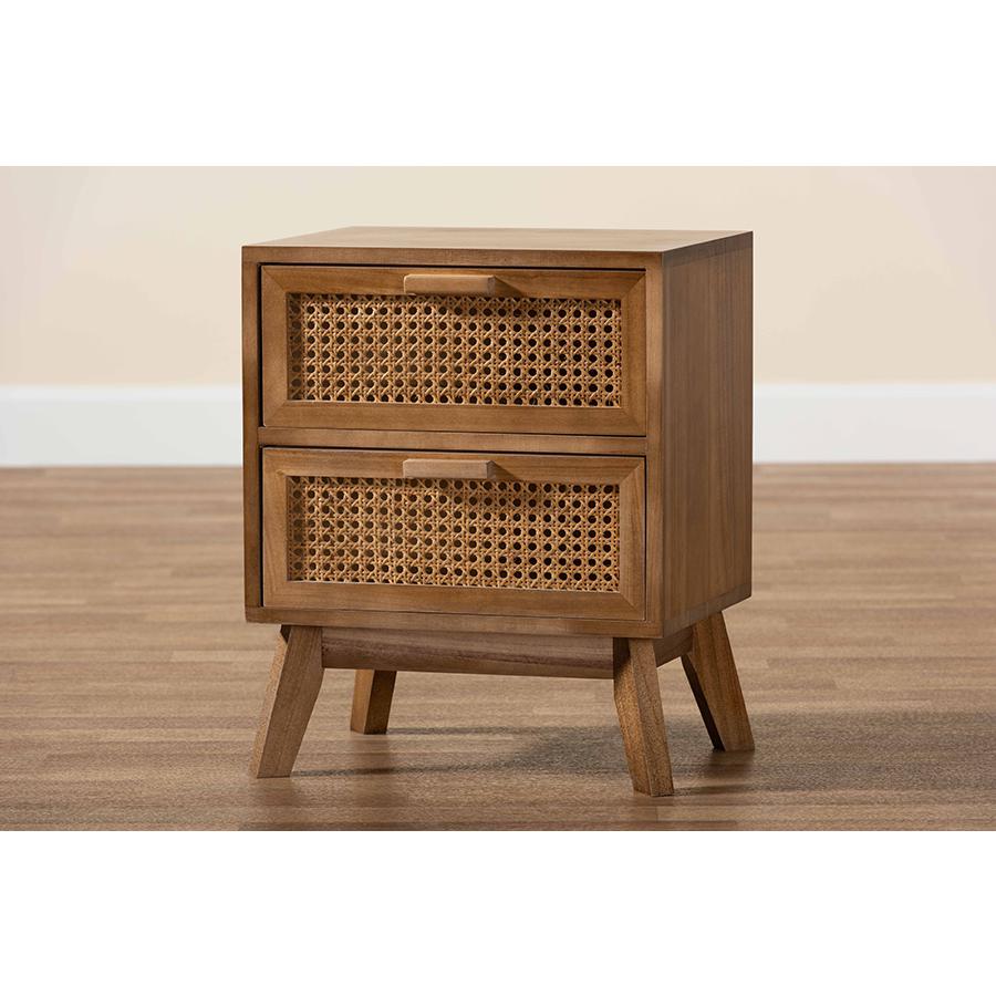 Walnut Brown Finished Wood 2-Drawer End Table with Rattan. Picture 9