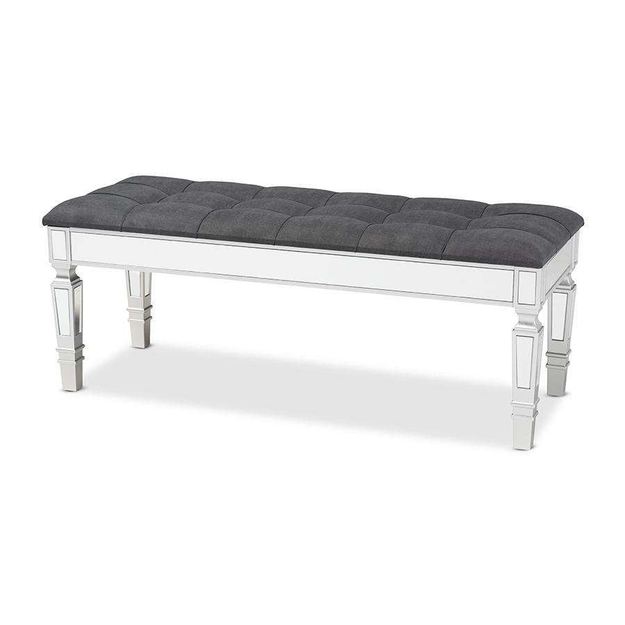 Baxton Studio Hedia Contemporary Glam and Luxe Grey Fabric Upholstered and Silver Finished Wood Accent Bench. Picture 1