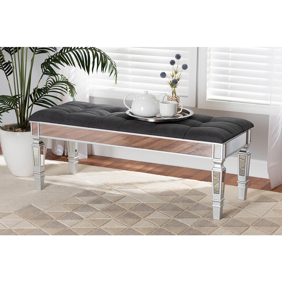 Baxton Studio Hedia Contemporary Glam and Luxe Grey Fabric Upholstered and Silver Finished Wood Accent Bench. Picture 6