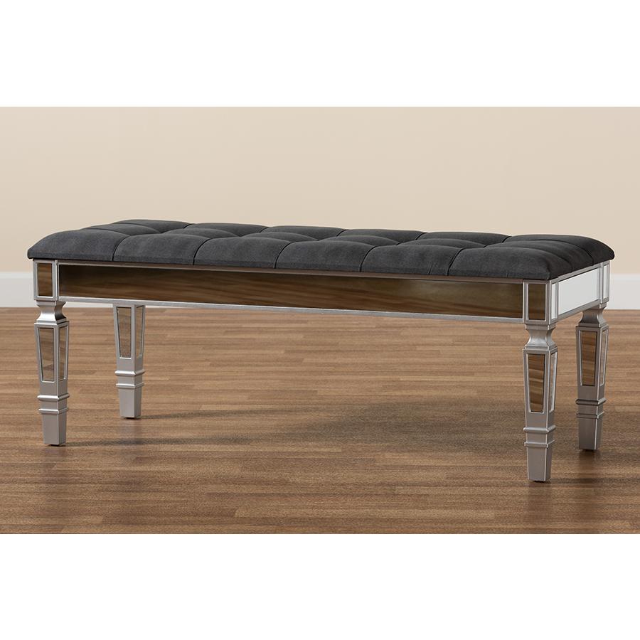 Baxton Studio Hedia Contemporary Glam and Luxe Grey Fabric Upholstered and Silver Finished Wood Accent Bench. Picture 7