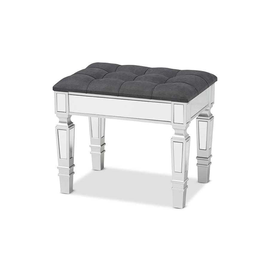 Glam and Luxe Grey Fabric Upholstered and Silver Finished Wood Ottoman. Picture 1