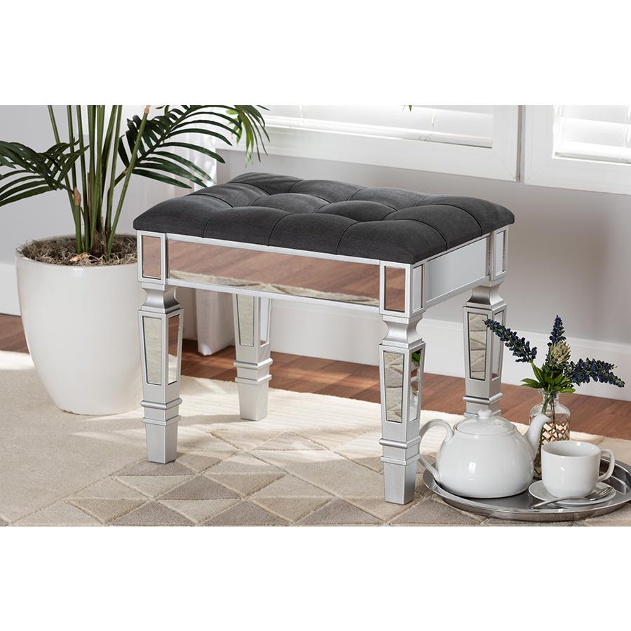 Glam and Luxe Grey Fabric Upholstered and Silver Finished Wood Ottoman. Picture 6