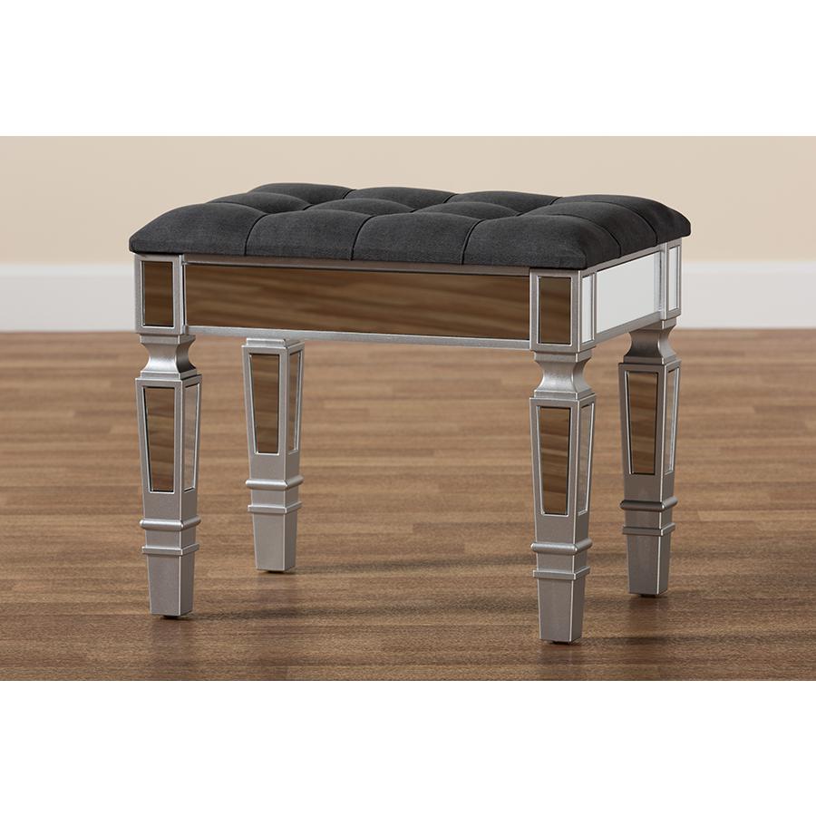 Glam and Luxe Grey Fabric Upholstered and Silver Finished Wood Ottoman. Picture 7