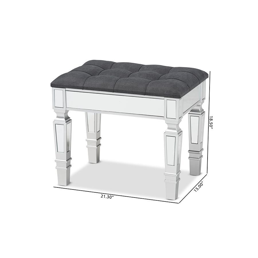 Glam and Luxe Grey Fabric Upholstered and Silver Finished Wood Ottoman. Picture 8