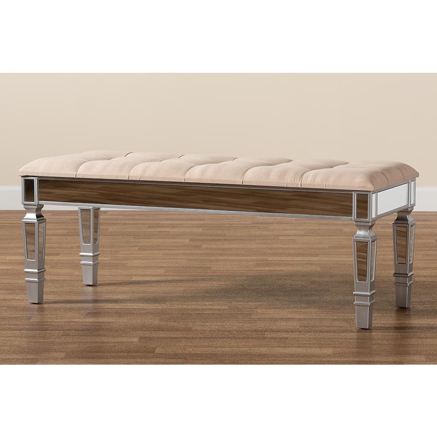Glam and Luxe Beige Fabric Upholstered and Silver Finished Wood Accent Bench. Picture 7