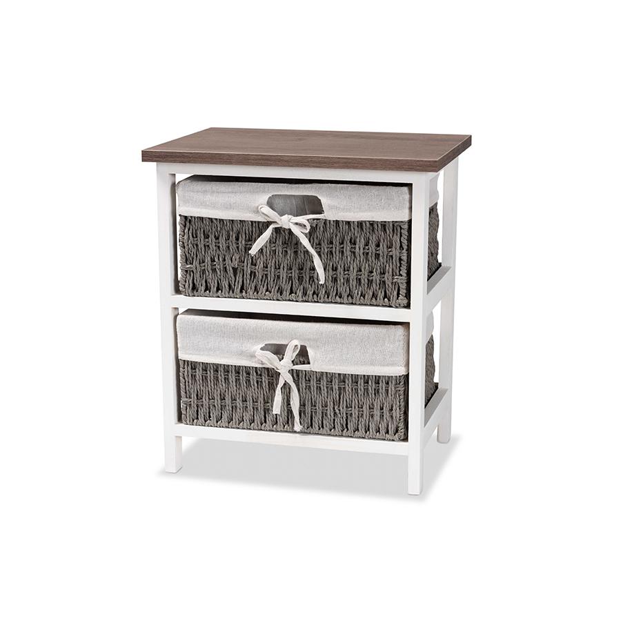 Transitional Two-Tone Walnut Brown and White Finished Wood 2-Basket Storage Unit. Picture 1