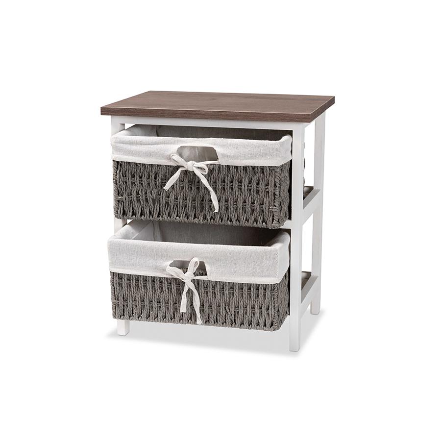 Transitional Two-Tone Walnut Brown and White Finished Wood 2-Basket Storage Unit. Picture 2