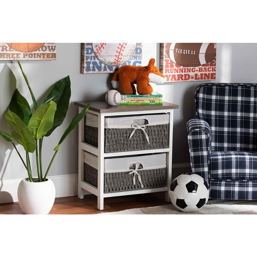 Transitional Two-Tone Walnut Brown and White Finished Wood 2-Basket Storage Unit. Picture 8