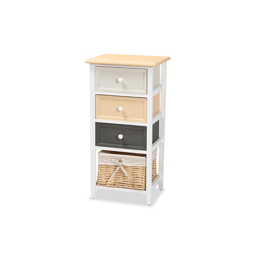 Transitional Multi-Colored Wood 3-Drawer Storage Unit with Basket. Picture 1