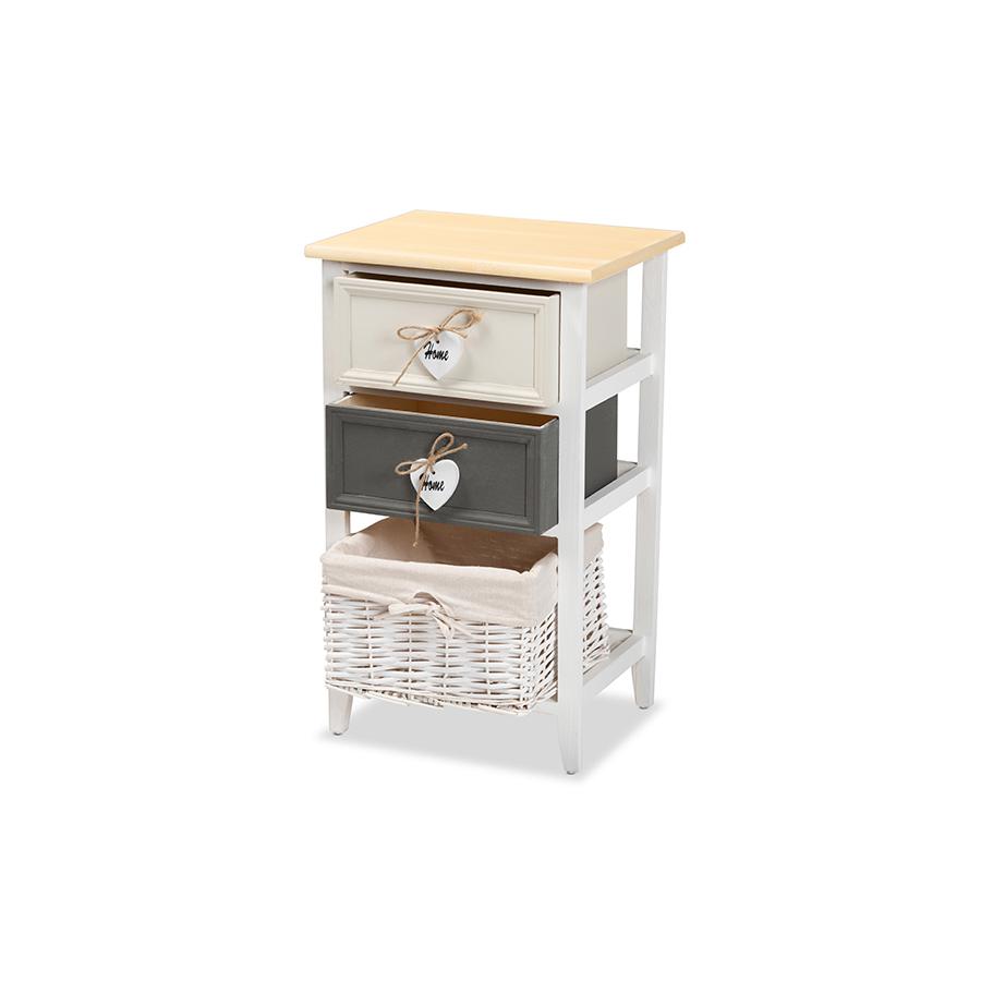 Multi-Colored Wood 2-Drawer Storage Unit with Basket. Picture 2