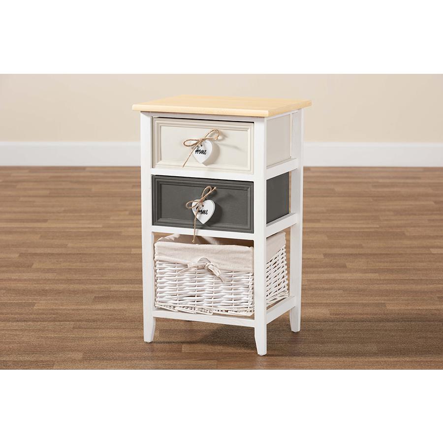 Multi-Colored Wood 2-Drawer Storage Unit with Basket. Picture 9