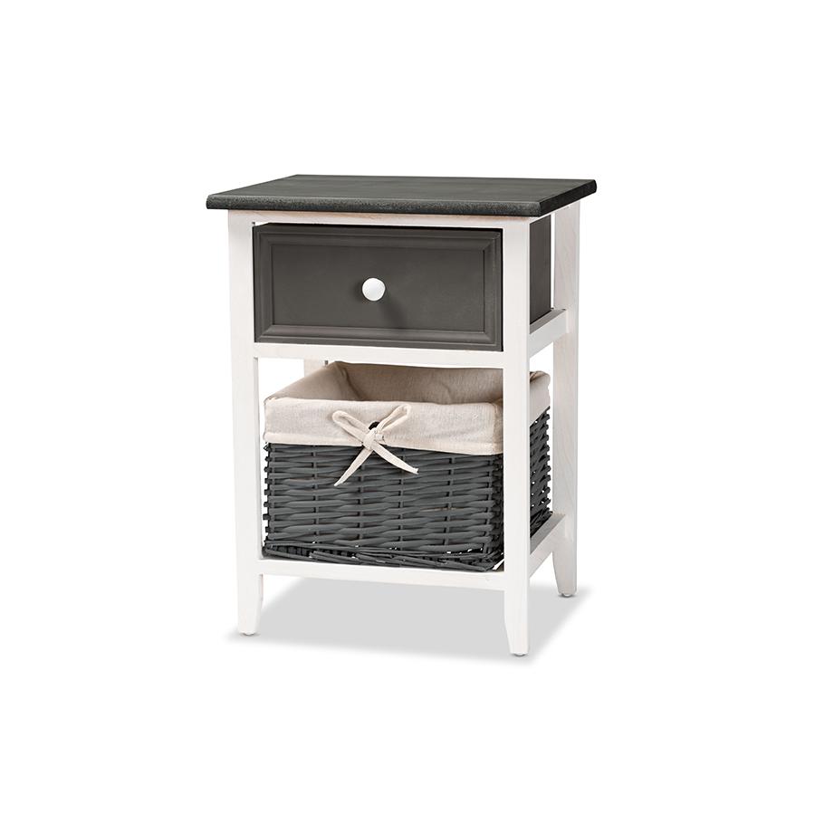 White Finished Wood 1-Drawer Storage Unit with Basket. Picture 1