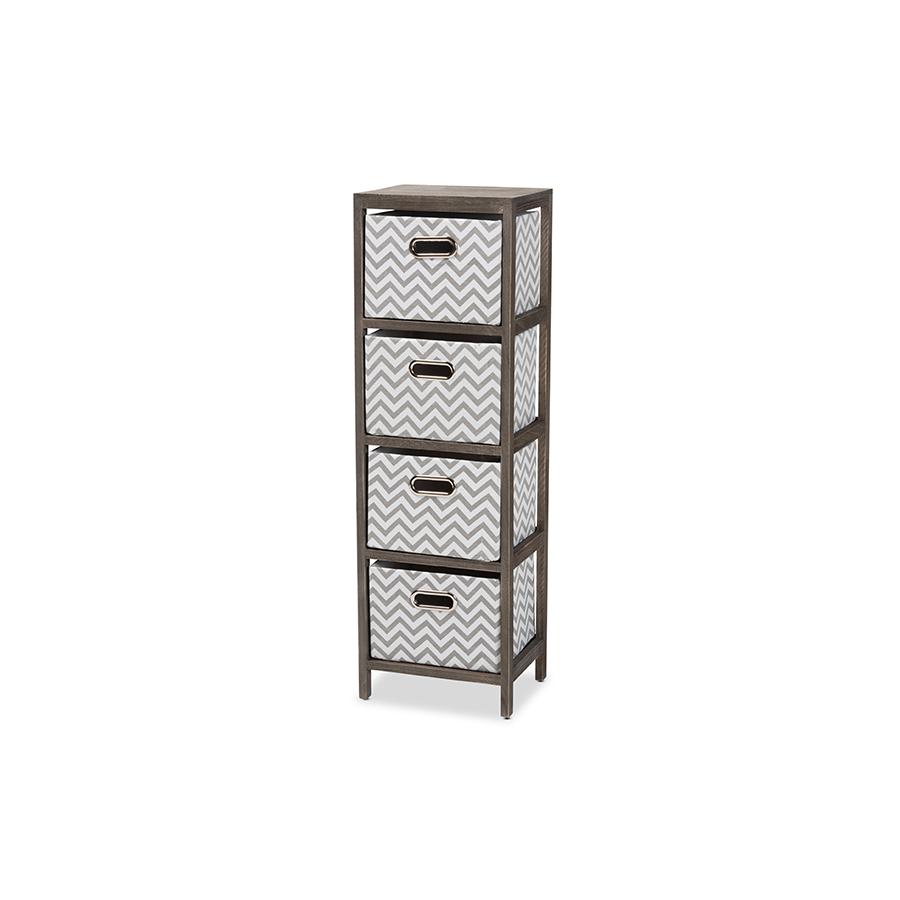 Grey and White Fabric Upholstered Greywashed Wood 4-Basket Tallboy Storage Unit. Picture 1