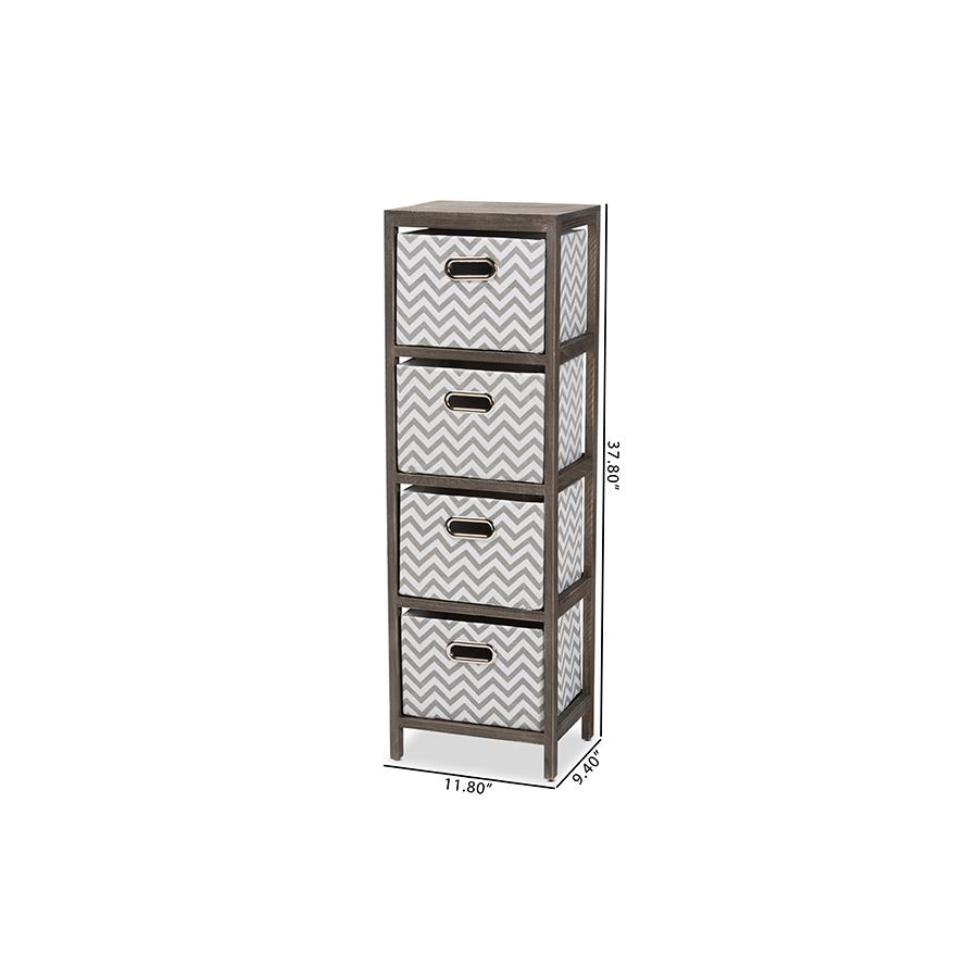 Grey and White Fabric Upholstered Greywashed Wood 4-Basket Tallboy Storage Unit. Picture 10