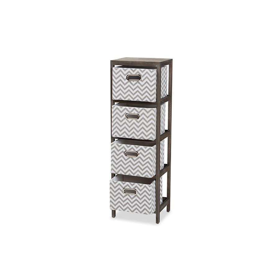 Grey and White Fabric Upholstered Greywashed Wood 4-Basket Tallboy Storage Unit. Picture 2