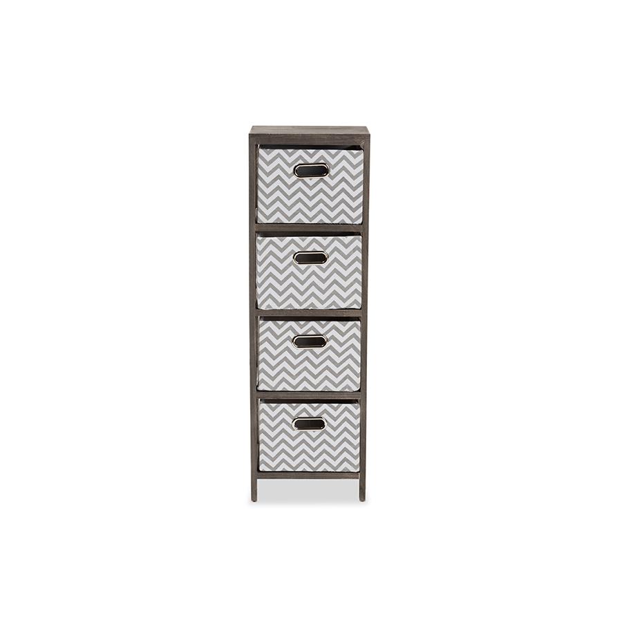 Grey and White Fabric Upholstered Greywashed Wood 4-Basket Tallboy Storage Unit. Picture 3