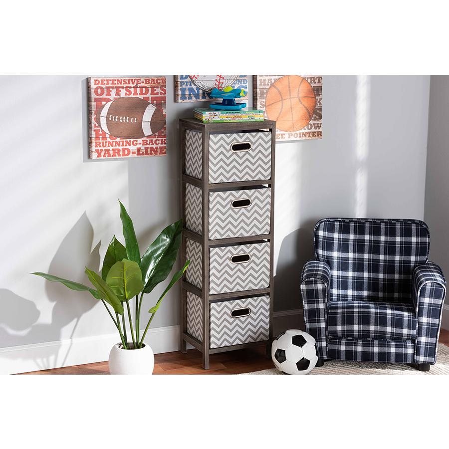 Grey and White Fabric Upholstered Greywashed Wood 4-Basket Tallboy Storage Unit. Picture 8