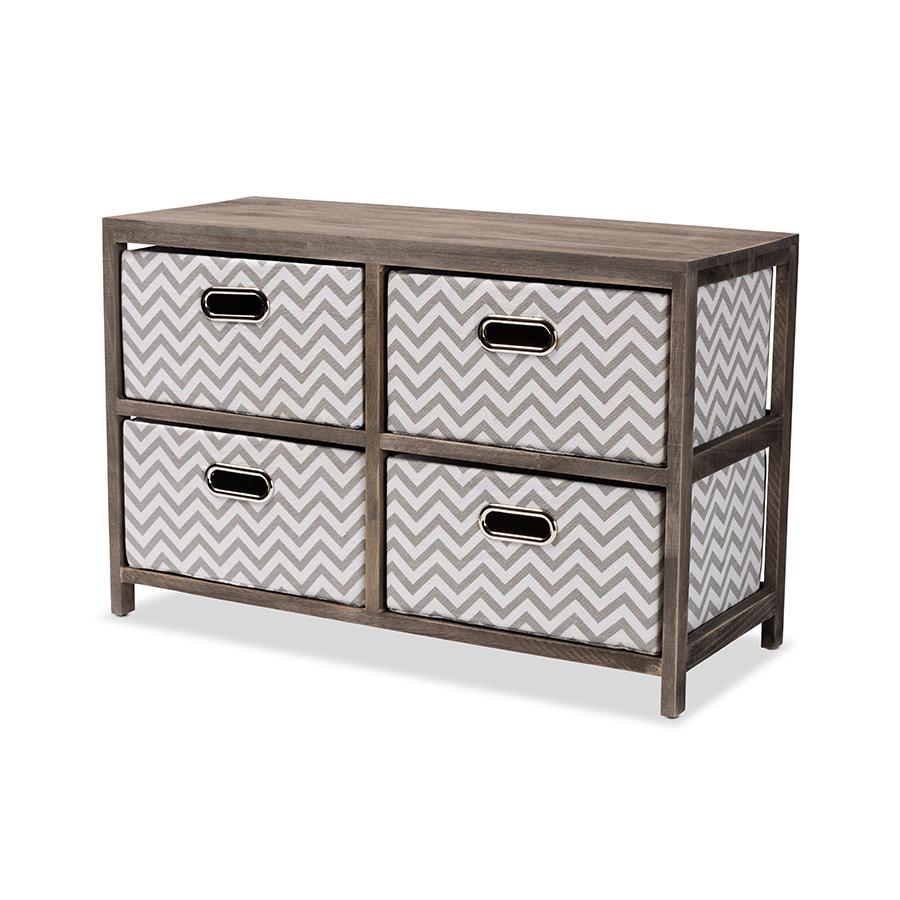 Grey and White Fabric Upholstered Greywashed Wood 4-Basket Storage Unit. Picture 1