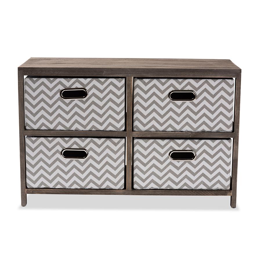 Grey and White Fabric Upholstered Greywashed Wood 4-Basket Storage Unit. Picture 3