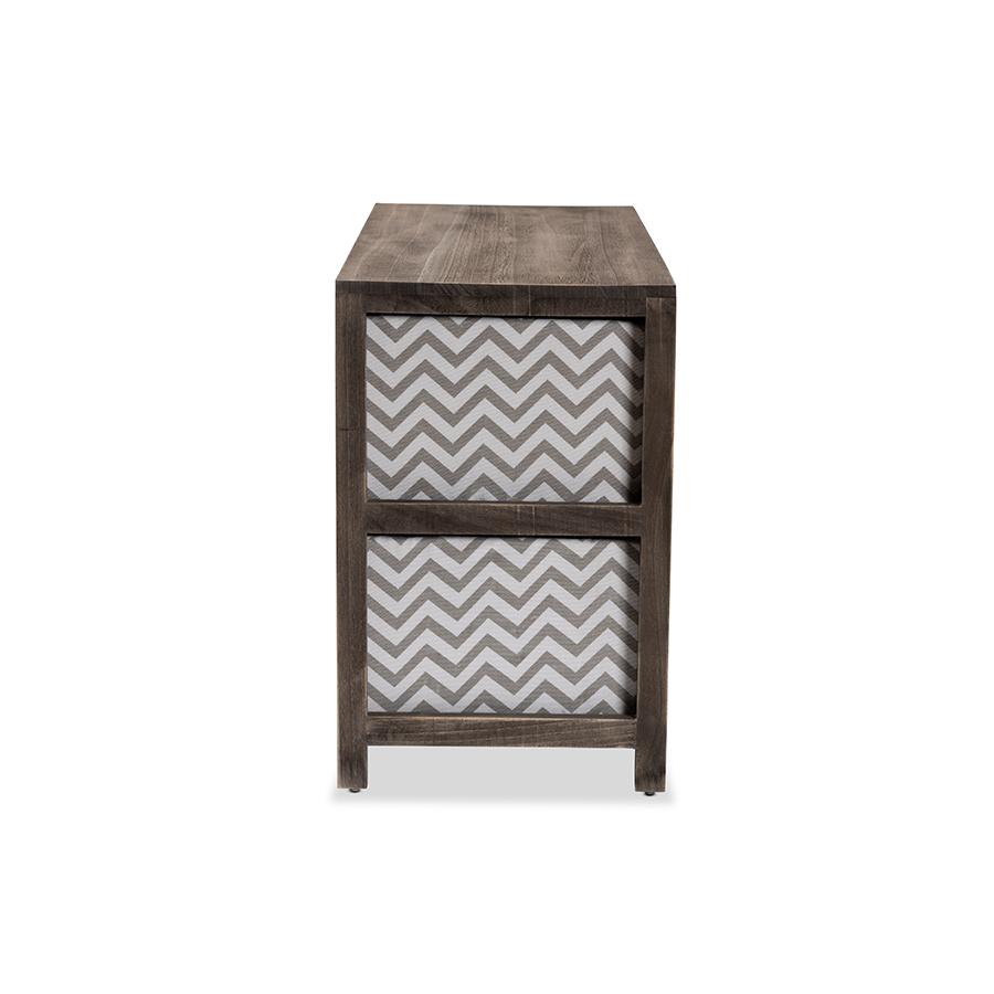 Grey and White Fabric Upholstered Greywashed Wood 4-Basket Storage Unit. Picture 4