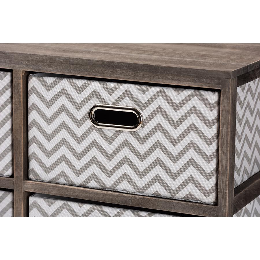 Grey and White Fabric Upholstered Greywashed Wood 4-Basket Storage Unit. Picture 5