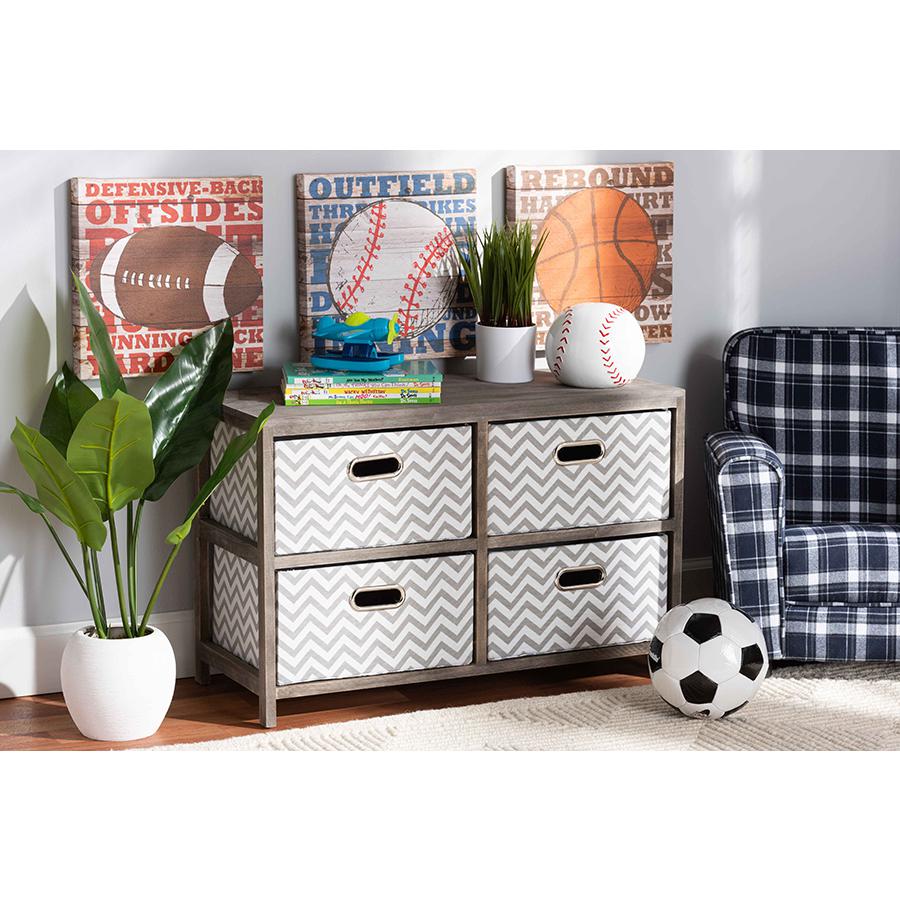 Grey and White Fabric Upholstered Greywashed Wood 4-Basket Storage Unit. Picture 8