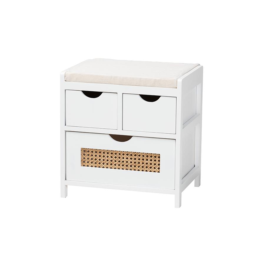 White Finished Wood 3-Drawer Storage Bench with Natural Rattan. Picture 1