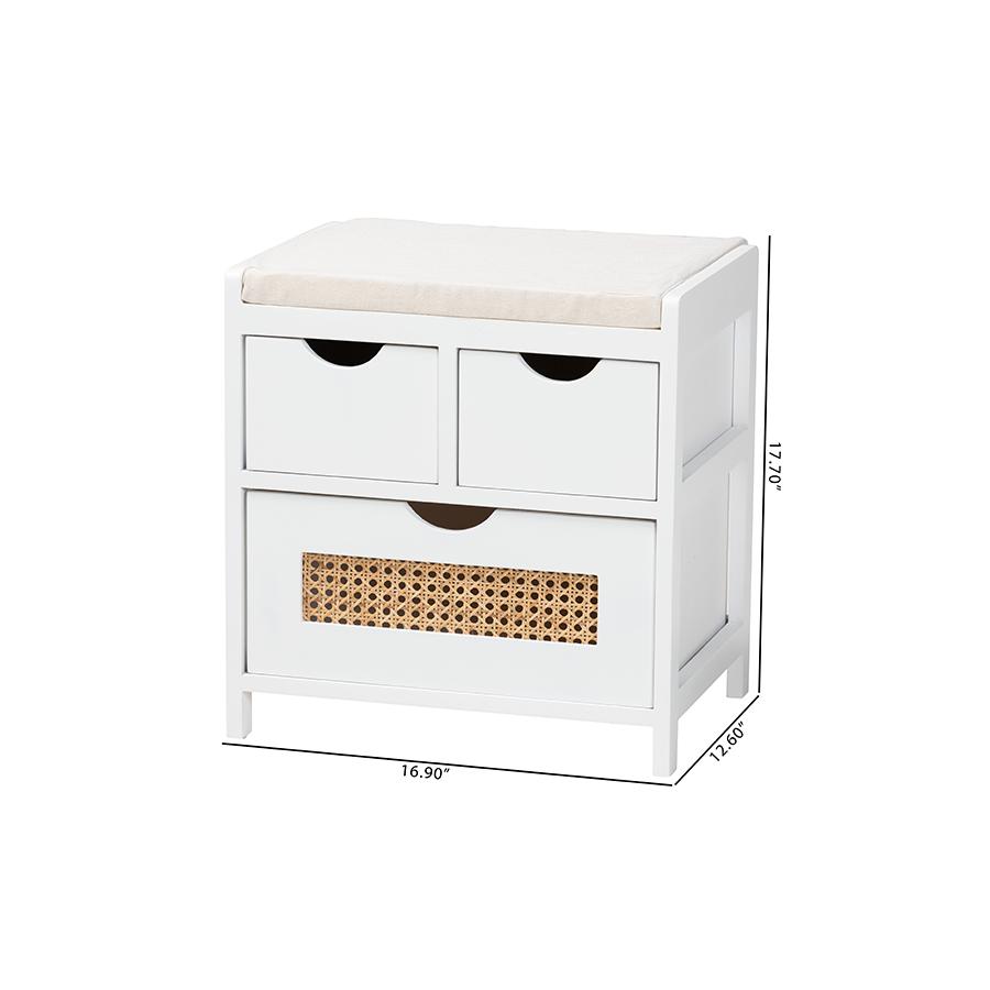 White Finished Wood 3-Drawer Storage Bench with Natural Rattan. Picture 10