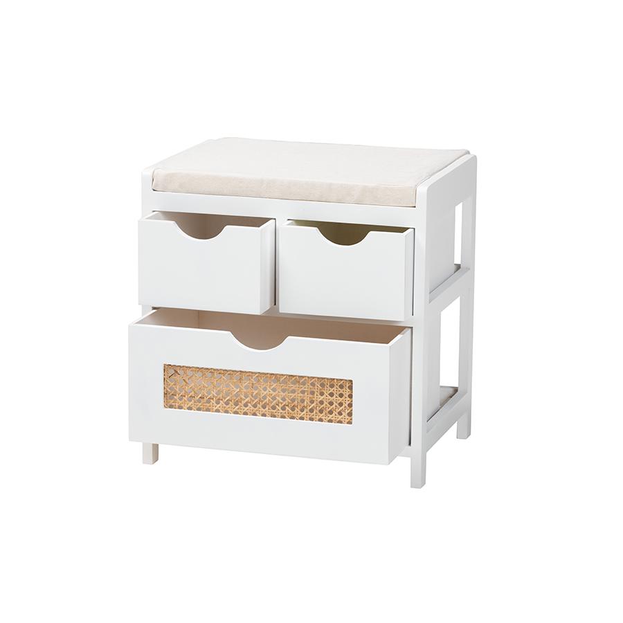 White Finished Wood 3-Drawer Storage Bench with Natural Rattan. Picture 2