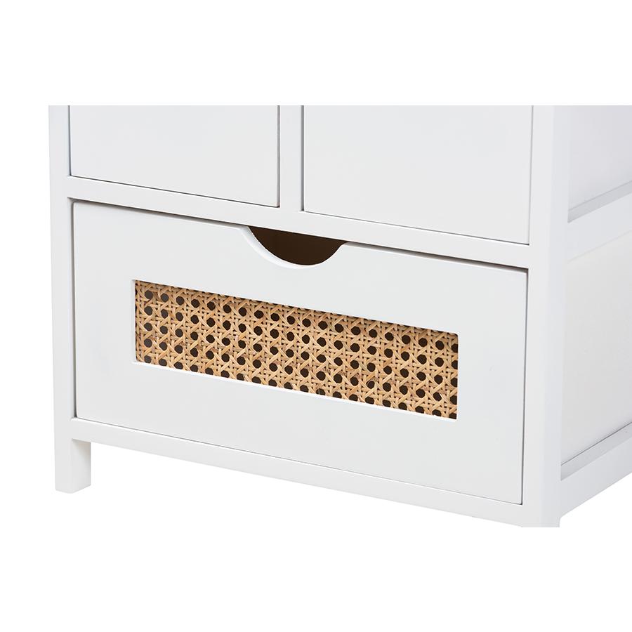White Finished Wood 3-Drawer Storage Bench with Natural Rattan. Picture 5