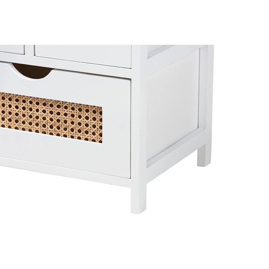 White Finished Wood 3-Drawer Storage Bench with Natural Rattan. Picture 6