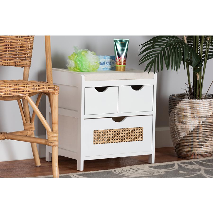 White Finished Wood 3-Drawer Storage Bench with Natural Rattan. Picture 8